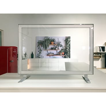 Novocal Hygieneschutzwand gerade mit Durchreiche transparent  1.200 x 600 mm (BxH) Fuß: 400 x 50 m | Packung (1 Stück)