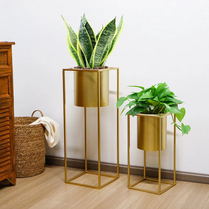 Blumenständer Set 2 Stück Metall Gold – Pflanzständer modern quadratisch für Blumentöpfe 21x45cm & 25x70cm