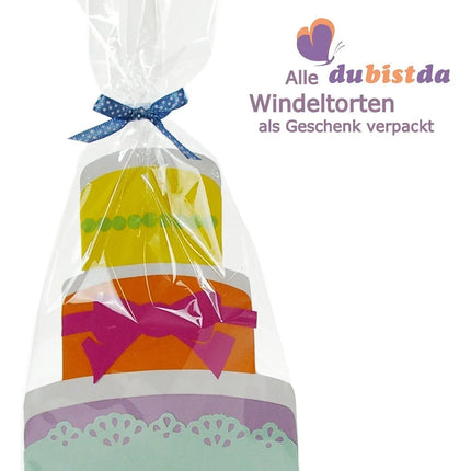 Windeltorte Storch mit Babybooties und Mullwindel rosa