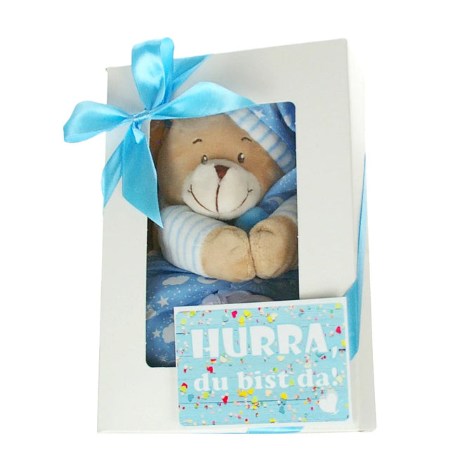 Baby Musikspieluhr in blau rosa | Geschenkbox Spieluhr Bär + Grußkarte