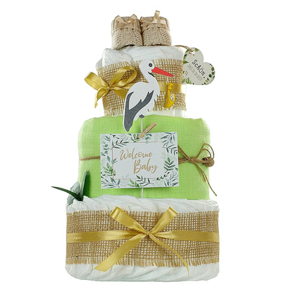 Windeltorte Storch mit Babybooties und Mullwindel grün