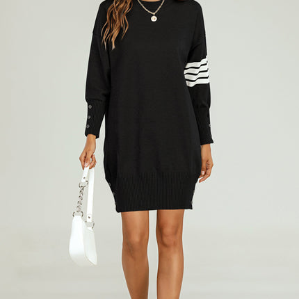 Wool Knitted Tunic Jumper Dress With White Stripe In Black