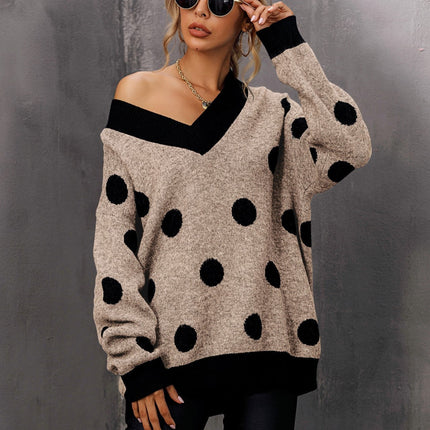 Wool Blended V Neck Jumper In Beige & Black Polka Dot Print