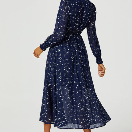 Silver Star Foil Long Sleeve Maxi Dress In Navy