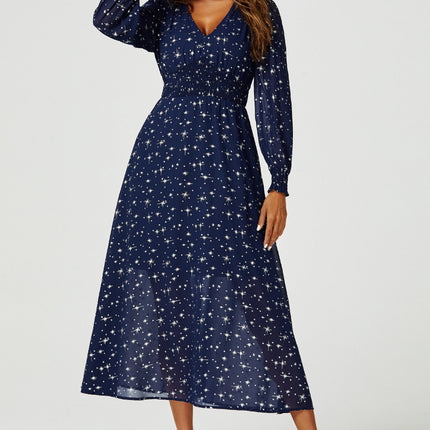 Silver Star Foil Long Sleeve Maxi Dress In Navy