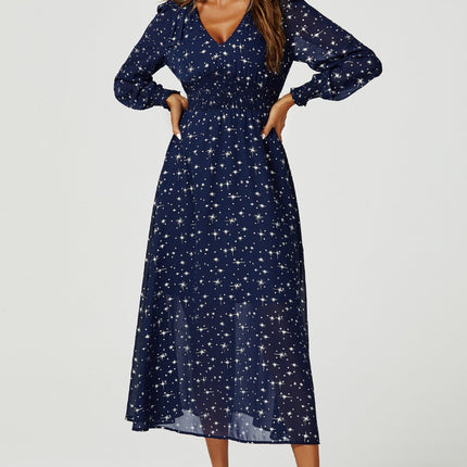 Silver Star Foil Long Sleeve Maxi Dress In Navy