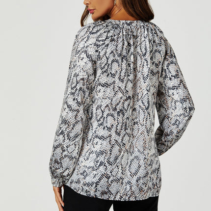 Satin Snake Print long sleeve Blouse Top In Grey
