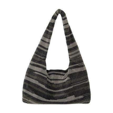 Crystal Mesh Armpit Hobo Bag - Kara - Black Stripes - Strass