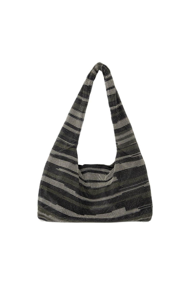 Crystal Mesh Armpit Hobo Bag - Kara - Black Stripes - Strass
