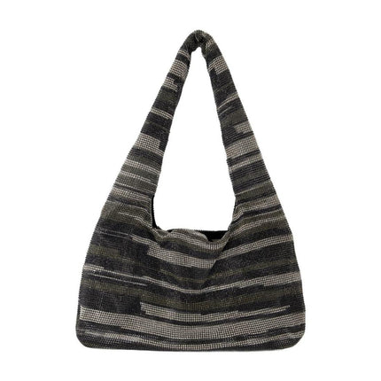 Crystal Mesh Armpit Hobo Bag - Kara - Black Stripes - Strass