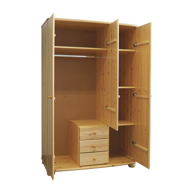 Claudia Hotel Kleiderschrank | 3-Türig | Regalböden | 3-Schubladen | 100% Bio Kiefer Massivholz