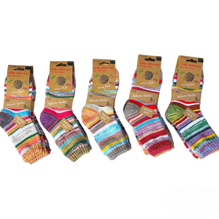 Kinder Wollsocken 3er Pack » 3 Paar bunt geringelte Strümpfe » Kinderstrümpfe Nature Socks » Wintersocken für Kinder