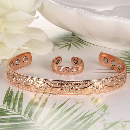 Kupferschmuck Armband & Ring Set mit Magneten im Vintage-Blumen-Design