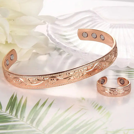 Kupferschmuck Armband & Ring Set mit Magneten im Vintage-Blumen-Design
