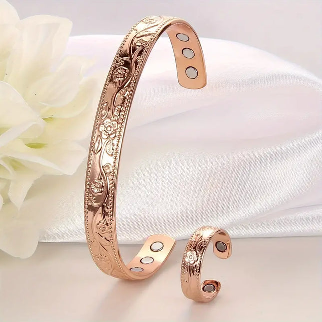 Kupferschmuck Armband & Ring Set mit Magneten im Vintage-Blumen-Design