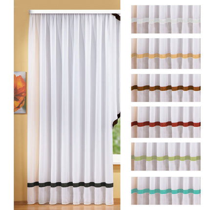 Langstore Gardine mit Kräuselband und Borte aus mattem Microsatin Micofaser-Gewebe. 20424