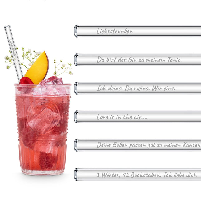 Liebessprüche Edition gravierte Glastrinkhalme mit Sprüchen für die Liebe - 6 Stück
