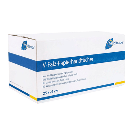 Meditrade Falthandtücher V-Falz 25x21cm 2-lagig, weiß | Karton (15 Packungen)