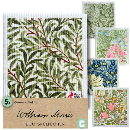5x Art Spültücher bedruckt Set - William Morris Green Edition