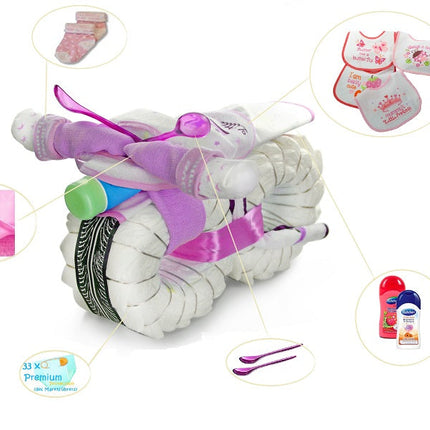 Windeltorte Motorrad ROCKSTAR + Fahrer Schlenkeraffe rosa