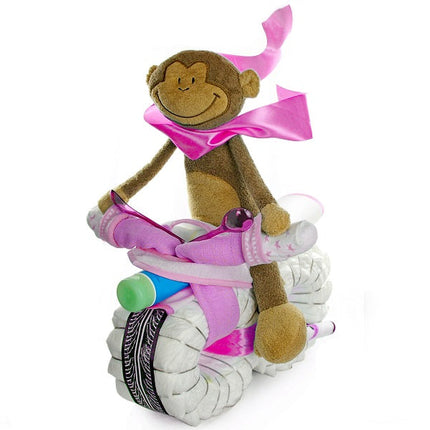 Windeltorte Motorrad ROCKSTAR + Fahrer Schlenkeraffe rosa
