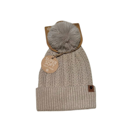 Winter Damen Mütze » Bommelmütze Nora Mit Teddy » Strickmütze mit Flechtoptik » Wintermütze mit Bommel