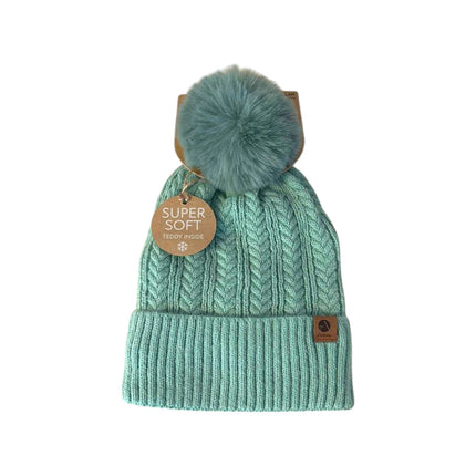 Winter Damen Mütze » Bommelmütze Nora Mit Teddy » Strickmütze mit Flechtoptik » Wintermütze mit Bommel