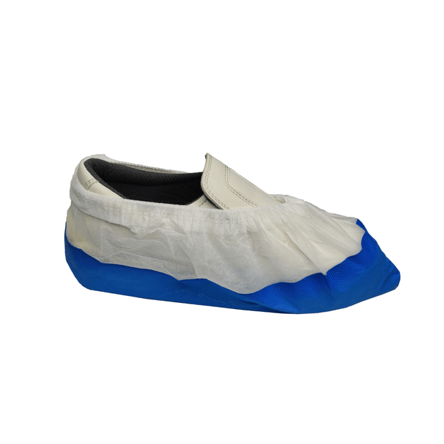 NITRAS Überschuhe mit CPE-Laufsohle, Polypropylen, weiß, Chloriertes Polyethylen, blau, mit Gummiband, Länge ca. 41 cm, Breite ca. 20 cm, Stärke Sohle ca. 60 μ, Beutel à 50 Stück | Karton (16 Packungen)