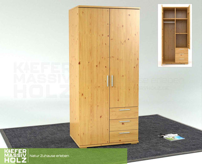 Nobis Kleiderschrank | 2-Türig mit Kleiderstange | 3-Schubladen | 100% Bio Kiefer Massivholz