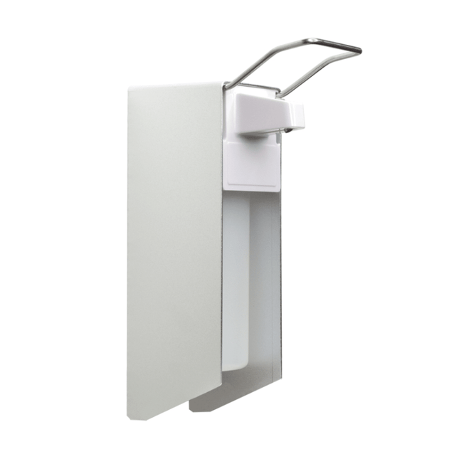 NITRAS Desinfektionsmittelspender mit Armhebel, Aluminium / Kunststoff, silber / weiß, inkl. Wandbefestigungsmaterial, für 500 ml Flaschen | Packung (1 Stück)