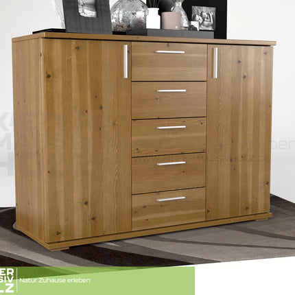 Nobis Kommode Sideboard 120-er | Anrichte | 5-Schubladen | 2-Türig | 100% Bio Kiefer Massivholz