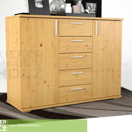 Nobis Kommode Sideboard 120-er | Anrichte | 5-Schubladen | 2-Türig | 100% Bio Kiefer Massivholz