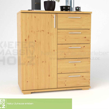 Nobis Kommode 90-er | Sideboard aus 100% Bio Kiefer Massivholz | 5-Schubladen, 1-Türig Anrichte