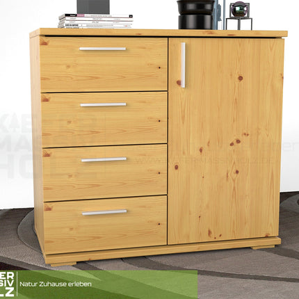 Nobis Kommode Sideboard | Anrichte | 4 kleine Schubladen 1 Türig | 100% Bio Kiefer Massivholz