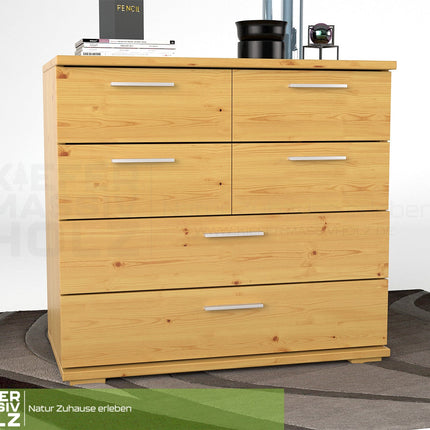 Nobis Kommode Sideboard | Anrichte | 4 kleine und 2 große Schubladen | 100% Bio Kiefer Massivholz