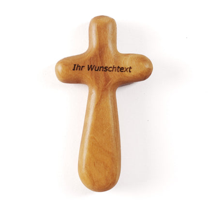 Personalisierter Kreuz Handschmeichler aus Olivenholz mit Gravur | Kleines Handkreuz als Geschenk zur Taufe & Kommunion