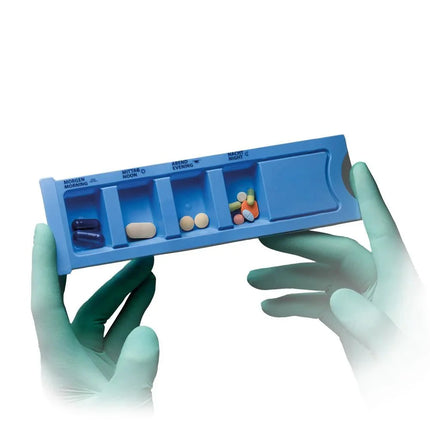 PP Einweg Medikamentendispenser, 4 Fächer, 22,2 x 6 x 1,5 cm, blau, Med-Comfort   | 1 Stück