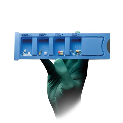 PP Einweg Medikamentendispenser, 4 Fächer, 22,2 x 6 x 1,5 cm, blau, Med-Comfort   | 1 Stück