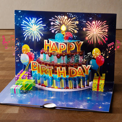Buntes Geburtstagsfeuerwerk mit Musik & Licht Pop-Up Karte
