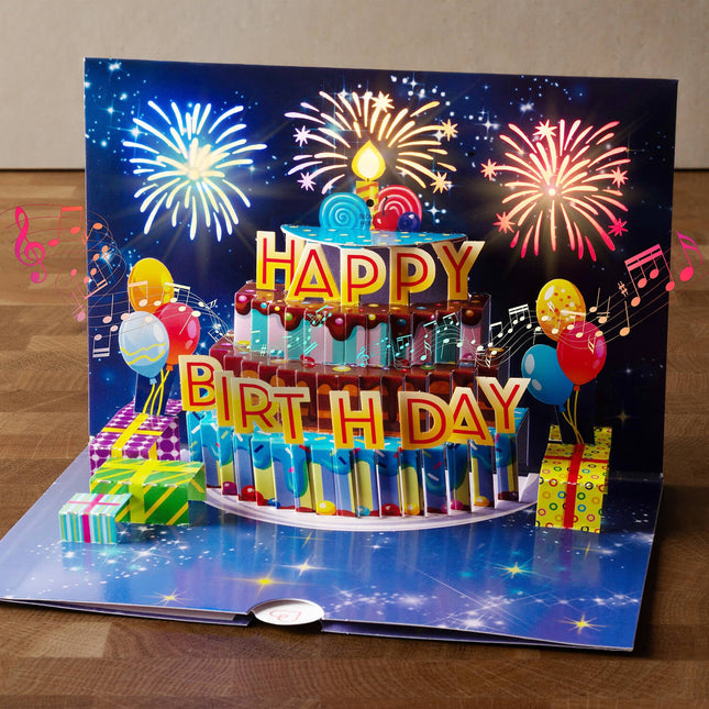 Buntes Geburtstagsfeuerwerk mit Musik & Licht Pop-Up Karte