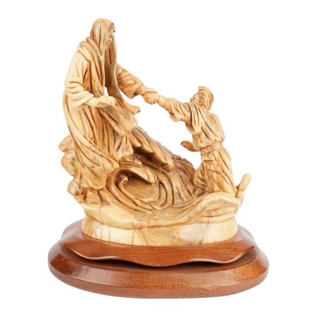 Handgeschnitzte Szene „Jesus rettet Petrus“ – Exklusive Olivenholzskulptur aus Bethlehem (23 cm)