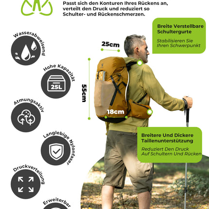 Qunature 25L Wanderrucksack atmungsaktiv - mit abnehmbarer Tasche & Seitenzugang