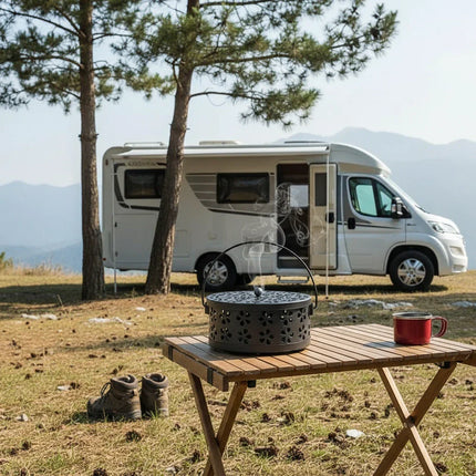 Insektenschutz Outdoor – Räucherspiralenhalter Metall mit Griff & Deckel – schwarz, Blütendesign – für Garten & Camping