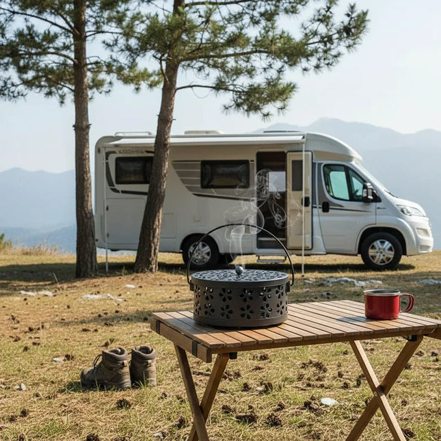 Insektenschutz Outdoor – Räucherspiralenhalter Metall mit Griff & Deckel – schwarz, Blütendesign – für Garten & Camping