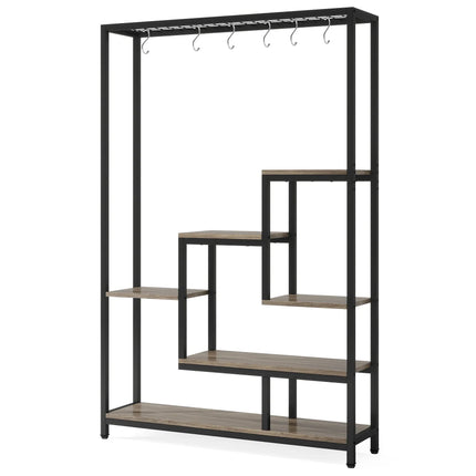 Pflanzenregal 5 Stufen Indoor 180cm Metall Pflanzenständer mit 10 Haken – großes Blumenregal Holz – Metall Kombi für Wohnzimmer, Balkon & Garten