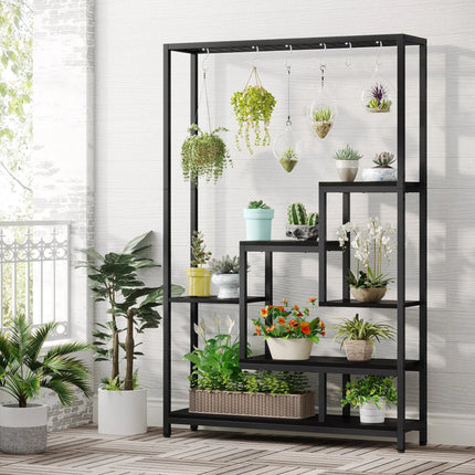 Pflanzenregal 5 Stufen Indoor 180cm Metall Pflanzenständer mit 10 Haken – großes Blumenregal Holz – Metall Kombi für Wohnzimmer, Balkon & Garten