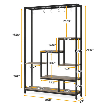 Pflanzenregal 5 Stufen Indoor 180cm Metall Pflanzenständer mit 10 Haken – großes Blumenregal Holz – Metall Kombi für Wohnzimmer, Balkon & Garten