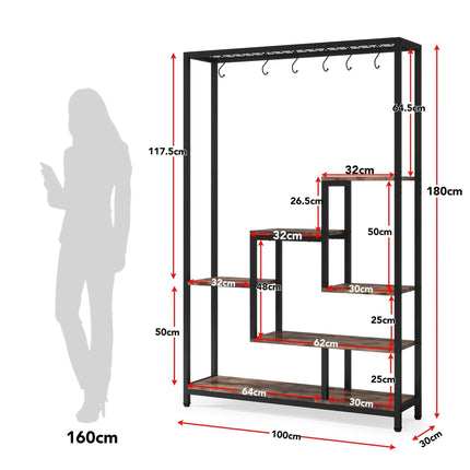 Pflanzenregal 5 Stufen Indoor 180cm Metall Pflanzenständer mit 10 Haken – großes Blumenregal Holz – Metall Kombi für Wohnzimmer, Balkon & Garten