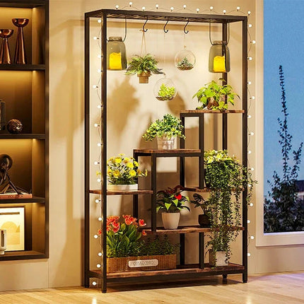 Pflanzenregal 5 Stufen Indoor 180cm Metall Pflanzenständer mit 10 Haken – großes Blumenregal Holz – Metall Kombi für Wohnzimmer, Balkon & Garten