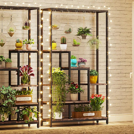 Pflanzenregal 5 Stufen Indoor 180cm Metall Pflanzenständer mit 10 Haken – großes Blumenregal Holz – Metall Kombi für Wohnzimmer, Balkon & Garten